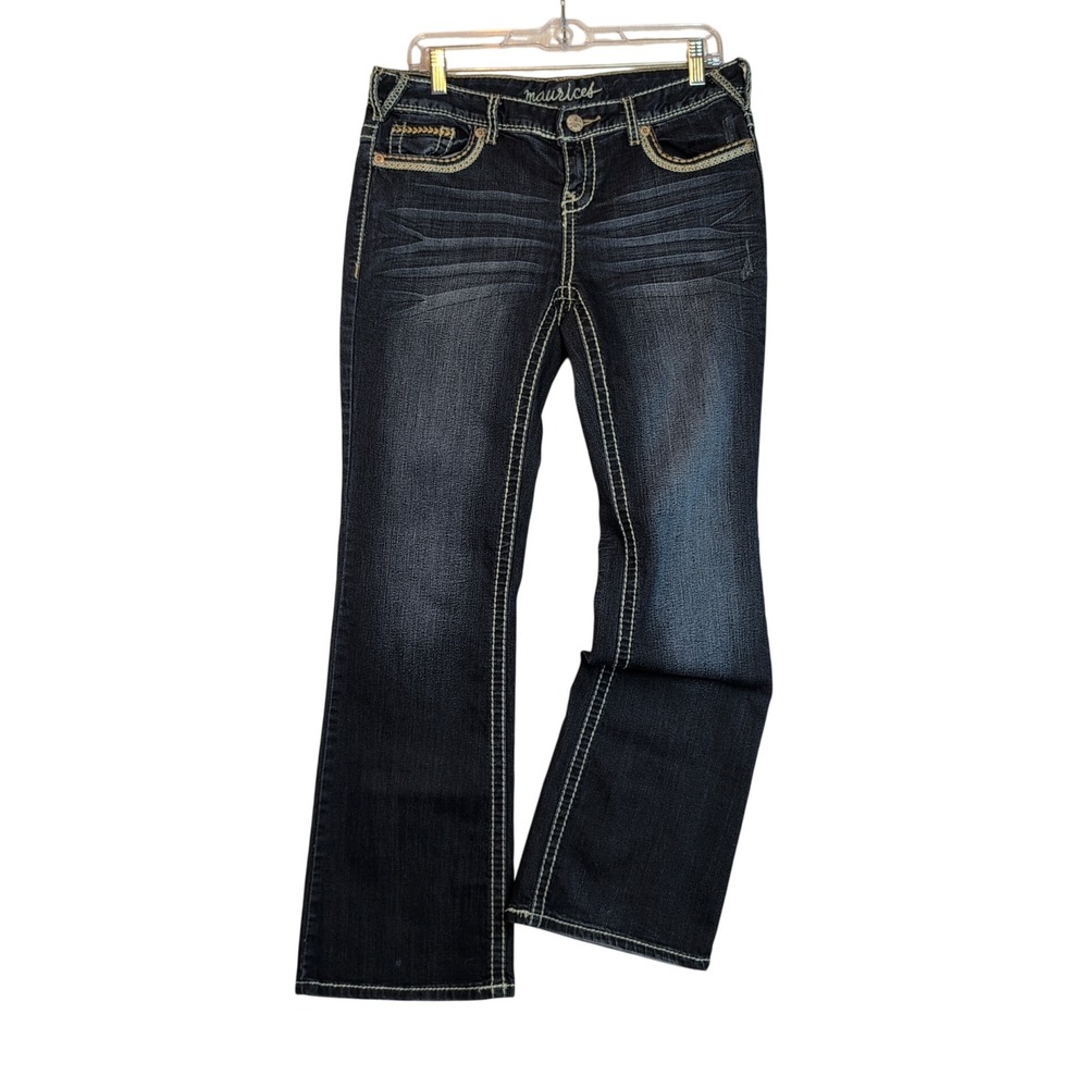 Maurices Dark Wash Bootcut Jeans Contrast Stitch Embroidered Pockets 9/10 Short
